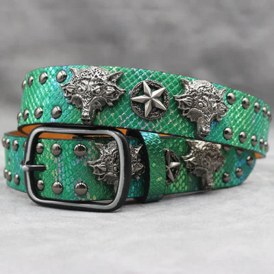 Antique Silver Wolf Head Rivet Black Snakeskin Print Leather Belt
