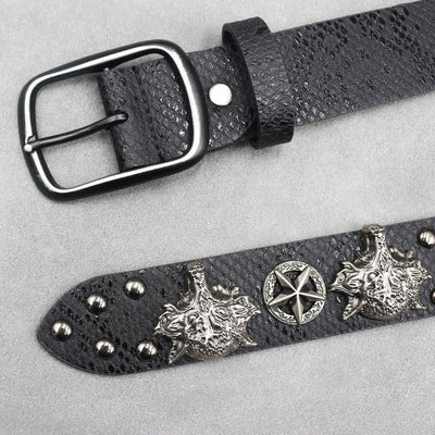 Antique Silver Wolf Head Rivet Black Snakeskin Print Leather Belt