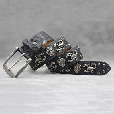 Antique Silver Scorpion Rivet Black Snakeskin Print Leather Belt