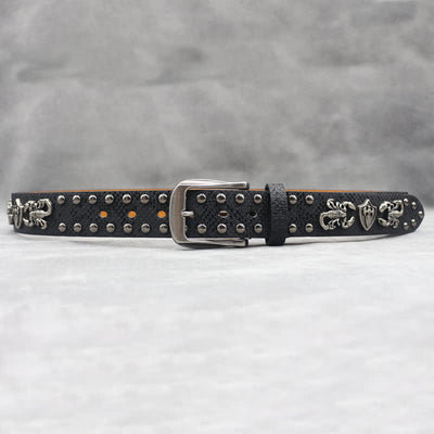 Antique Silver Scorpion Rivet Black Snakeskin Print Leather Belt