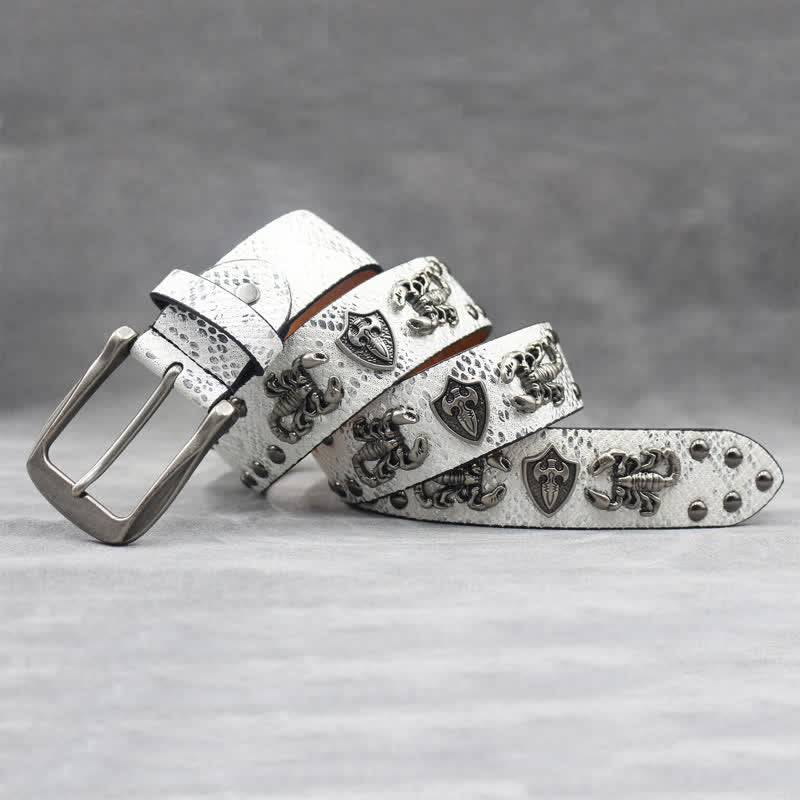 Antique Silver Scorpion Rivet Black Snakeskin Print Leather Belt