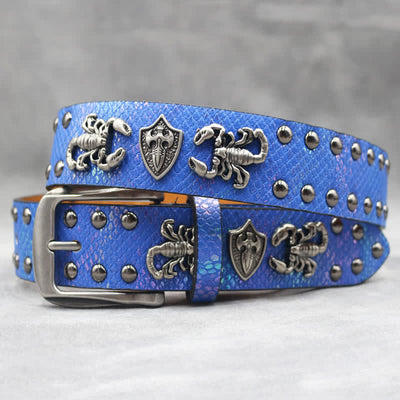 Antique Silver Scorpion Rivet Black Snakeskin Print Leather Belt