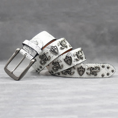 Antique Silver Scorpion Rivet Black Snakeskin Print Leather Belt