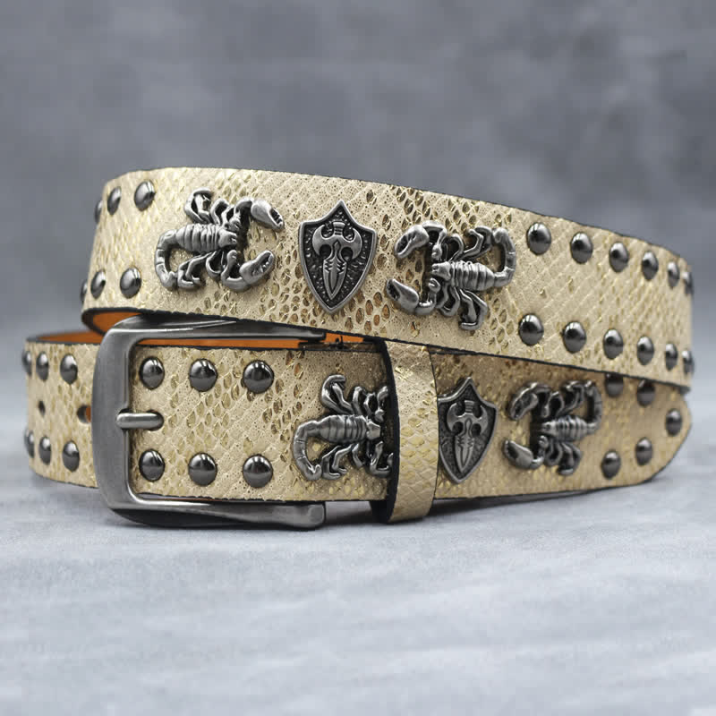 Antique Silver Scorpion Rivet Black Snakeskin Print Leather Belt