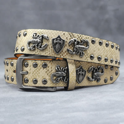 Antique Silver Scorpion Rivet Black Snakeskin Print Leather Belt