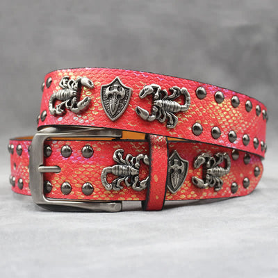 Antique Silver Scorpion Rivet Black Snakeskin Print Leather Belt