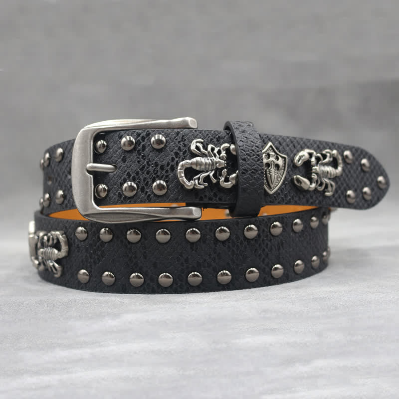 Antique Silver Scorpion Rivet Black Snakeskin Print Leather Belt