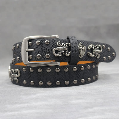 Antique Silver Scorpion Rivet Black Snakeskin Print Leather Belt