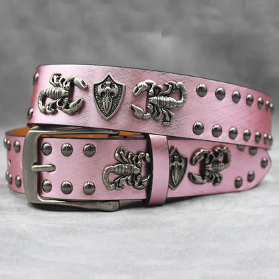 Antique Silver Scorpion Rivet Black Snakeskin Print Leather Belt