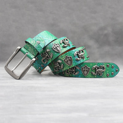 Antique Silver Scorpion Rivet Black Snakeskin Print Leather Belt