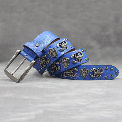 Antique Silver Scorpion Rivet Black Snakeskin Print Leather Belt