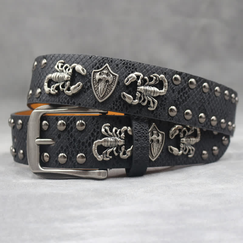 Antique Silver Scorpion Rivet Black Snakeskin Print Leather Belt