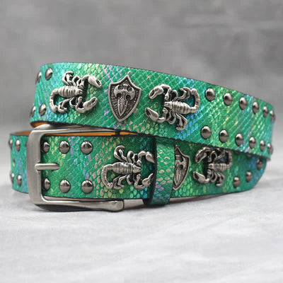 Antique Silver Scorpion Rivet Black Snakeskin Print Leather Belt