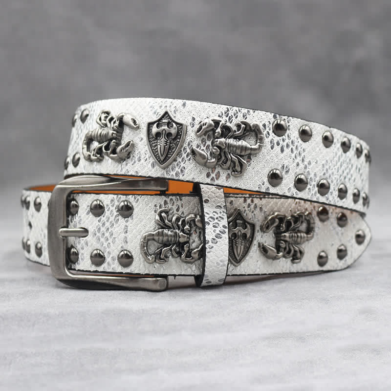 Antique Silver Scorpion Rivet Black Snakeskin Print Leather Belt