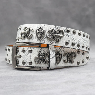 Antique Silver Scorpion Rivet Black Snakeskin Print Leather Belt