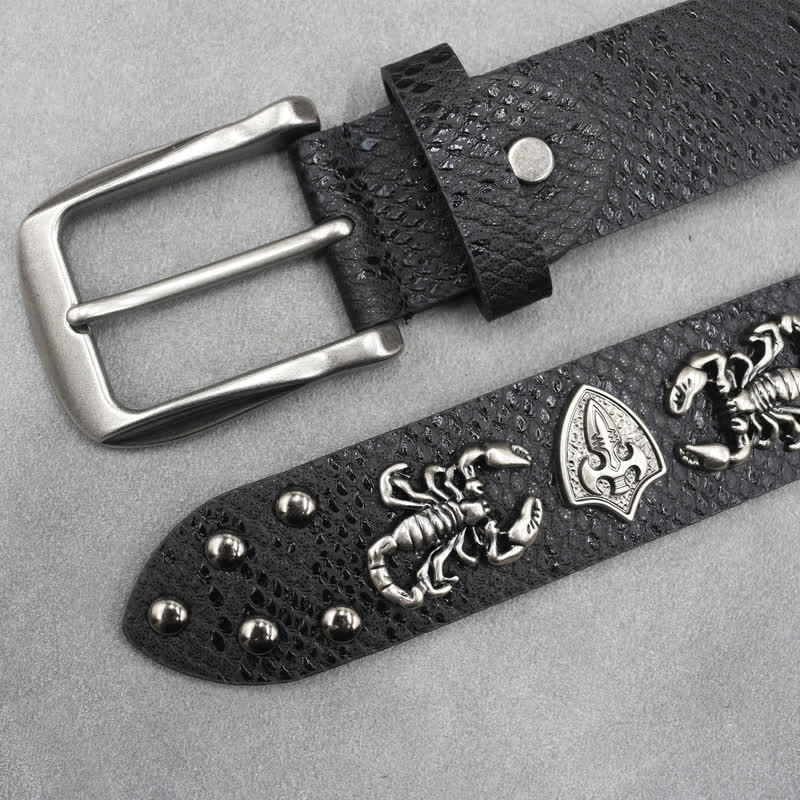 Antique Silver Scorpion Rivet Black Snakeskin Print Leather Belt