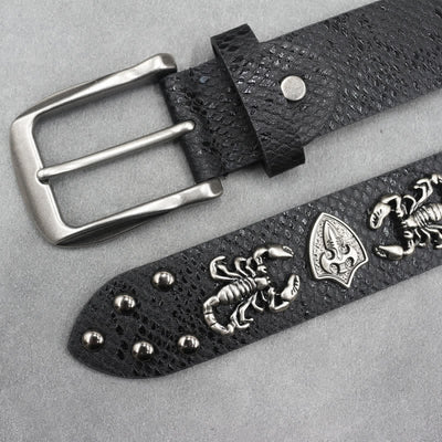 Antique Silver Scorpion Rivet Black Snakeskin Print Leather Belt