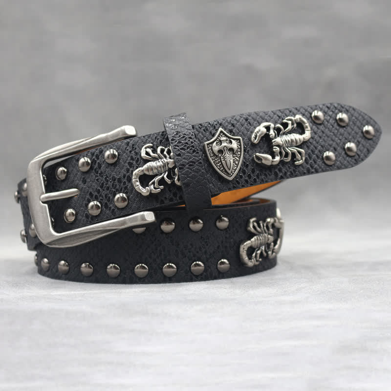 Antique Silver Scorpion Rivet Black Snakeskin Print Leather Belt