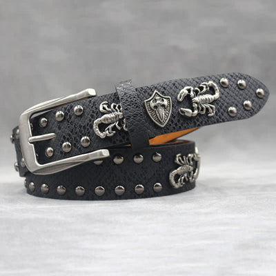 Antique Silver Scorpion Rivet Black Snakeskin Print Leather Belt