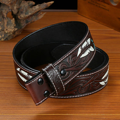 Punk Feather Embossed DIY Leather Belt Strap without Belt Buckle