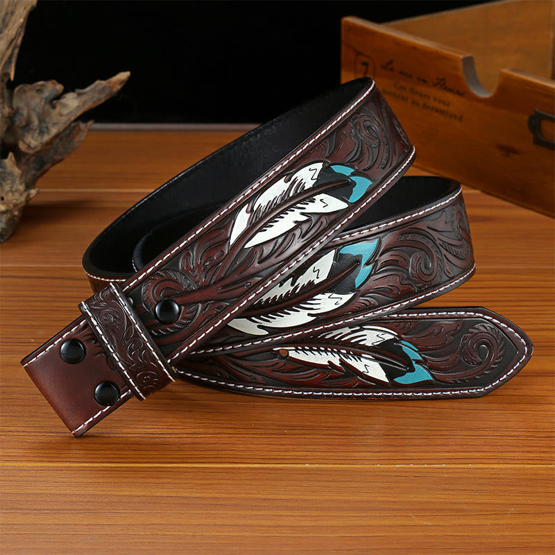 Punk Feather Embossed DIY Leather Belt Strap without Belt Buckle