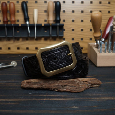 Solid Brass Buckle Western Stitched Leather Belt