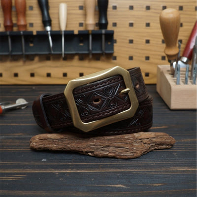 Solid Brass Buckle Western Stitched Leather Belt