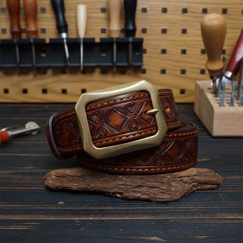 Solid Brass Buckle Western Stitched Leather Belt