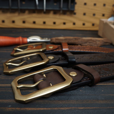 Solid Brass Buckle Western Stitched Leather Belt