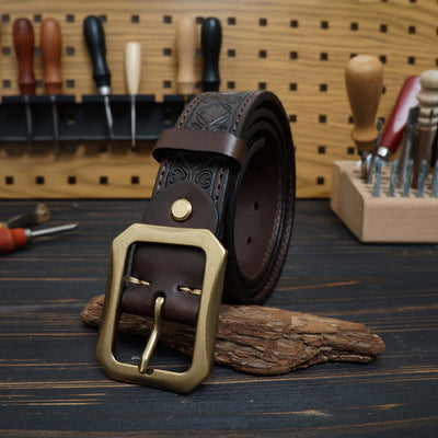 Solid Brass Buckle Western Stitched Leather Belt