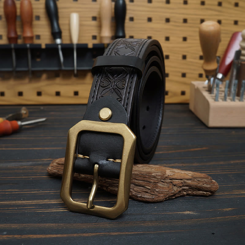 Solid Brass Buckle Western Stitched Leather Belt