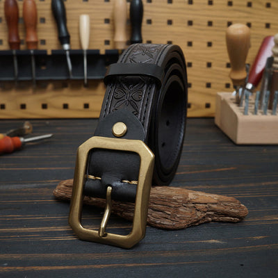 Solid Brass Buckle Western Stitched Leather Belt