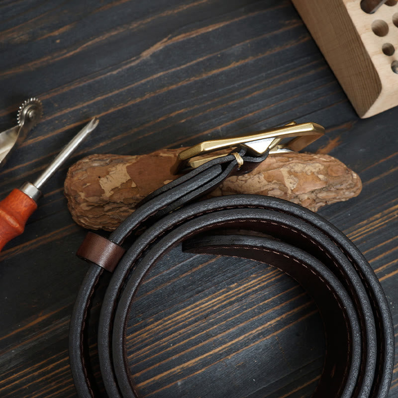Solid Brass Buckle Western Stitched Leather Belt