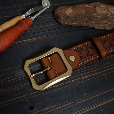 Solid Brass Buckle Western Stitched Leather Belt