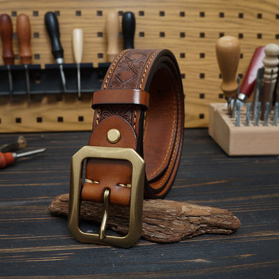 Solid Brass Buckle Western Stitched Leather Belt