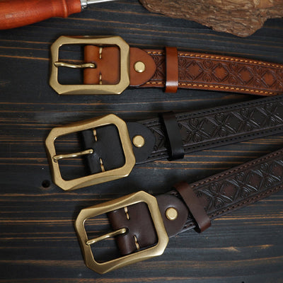 Solid Brass Buckle Western Stitched Leather Belt