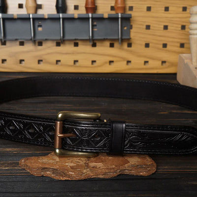 Solid Brass Buckle Western Embossed Flower Leather Belt