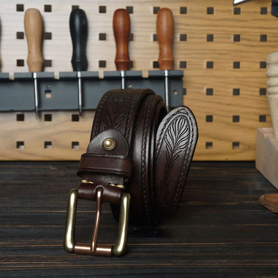 Solid Brass Buckle Western Embossed Flower Leather Belt