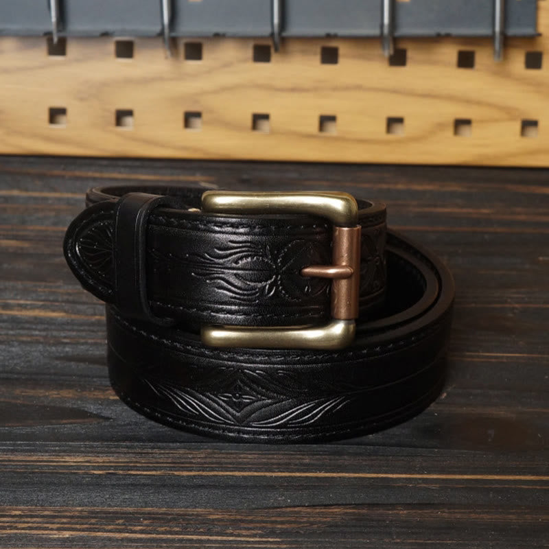 Solid Brass Buckle Western Embossed Flower Leather Belt