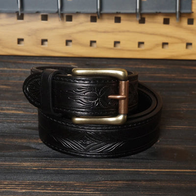 Solid Brass Buckle Western Embossed Flower Leather Belt