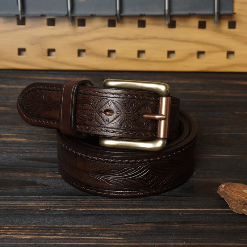 Solid Brass Buckle Western Embossed Flower Leather Belt