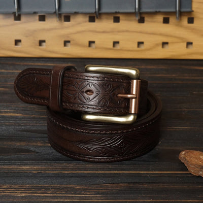 Solid Brass Buckle Western Embossed Flower Leather Belt