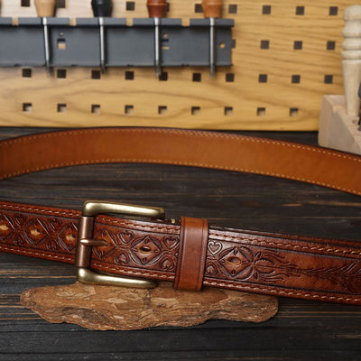 Solid Brass Buckle Western Embossed Flower Leather Belt