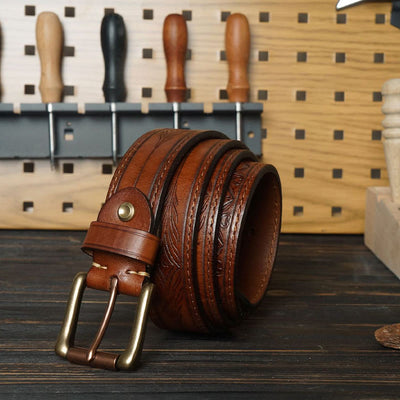 Solid Brass Buckle Western Embossed Flower Leather Belt