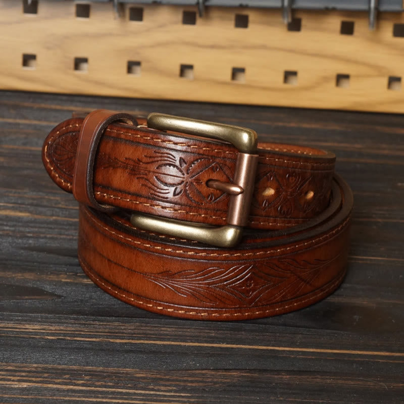 Solid Brass Buckle Western Embossed Flower Leather Belt