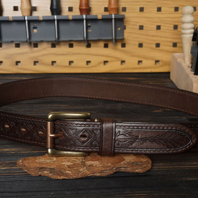 Solid Brass Buckle Western Embossed Flower Leather Belt