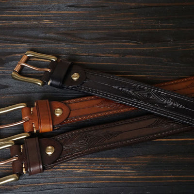 Solid Brass Buckle Western Embossed Flower Leather Belt