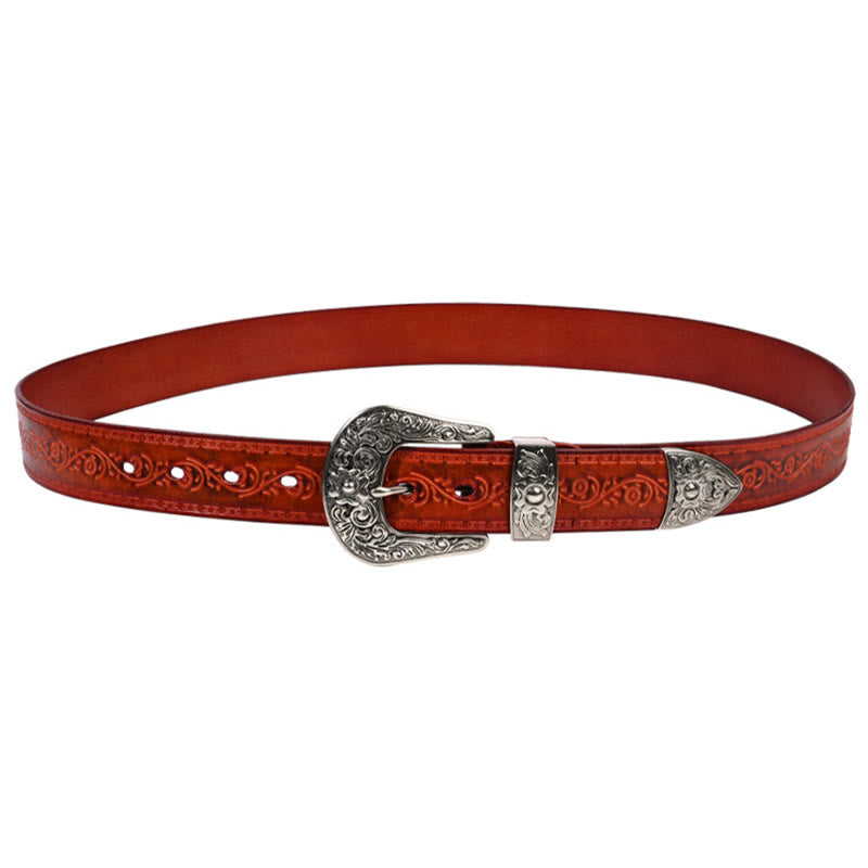 Silver Buckle Buckle Western Embossed Leather Belt