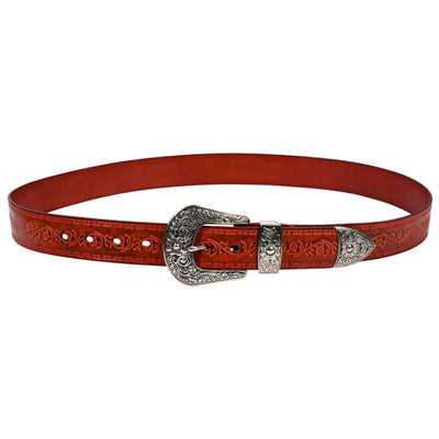 Silver Buckle Buckle Western Embossed Leather Belt