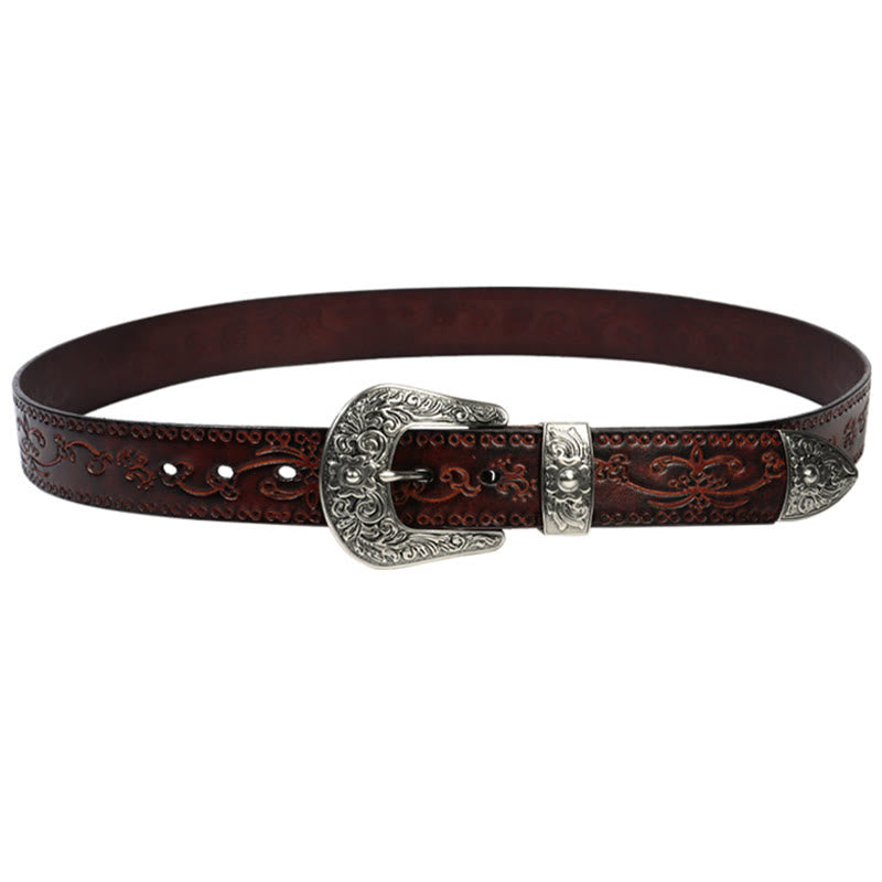 Silver Buckle Buckle Western Embossed Leather Belt